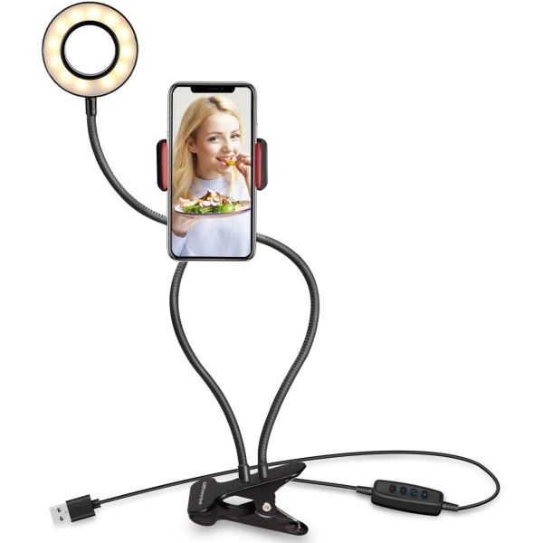 Suport selfie flexibil pentru telefon, lumini LED si clama de prindere, 3 moduri de iluminare