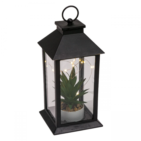 Felinar neagru decorativ cu planta artificiala Aloe si LED, 14x14x30 cm